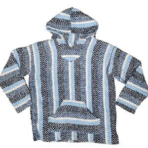 Earth Ragz Mexican Blanket Pullover Striped Hoodie, Unisex L (White/Blue/Navy)